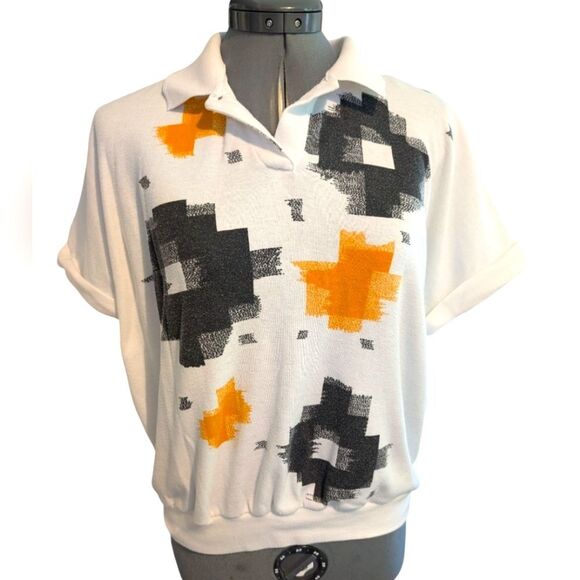 Vintage 80s 90s Women's White Black Yellow Abstract Print Polo Oversized‎ Top - Picture 1 of 6